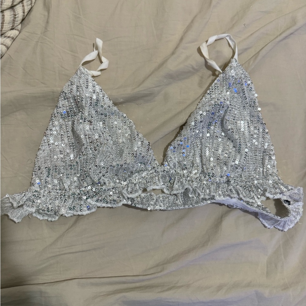 Sequin Embellished Silver Bralette